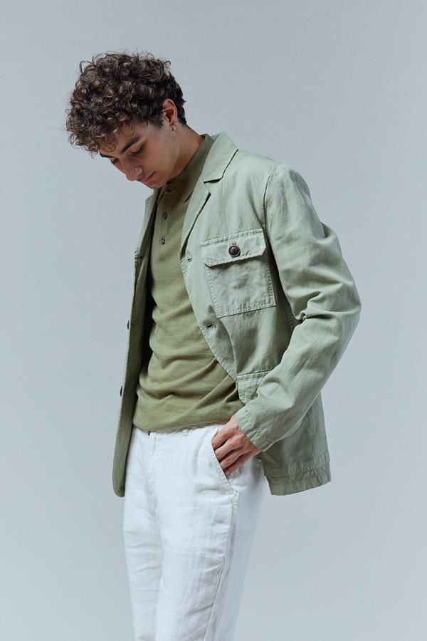 CHAQUETA ALGODÓN LINO VERDE BOLSILLOS | ANTONIO MIRO