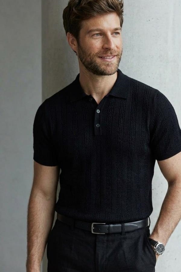 POLO INTARCIA CALADO ALGODÓN NEGRO | ANTONIO MIRO